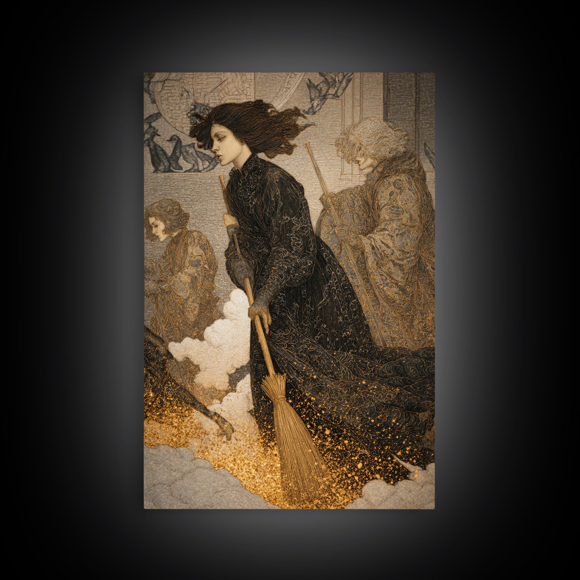 The Witch'S Broom, Symbolist Death Art, Vertical Wall Art, Macabre Wall Art, Framed Canvas Print, Halloween Wall Art