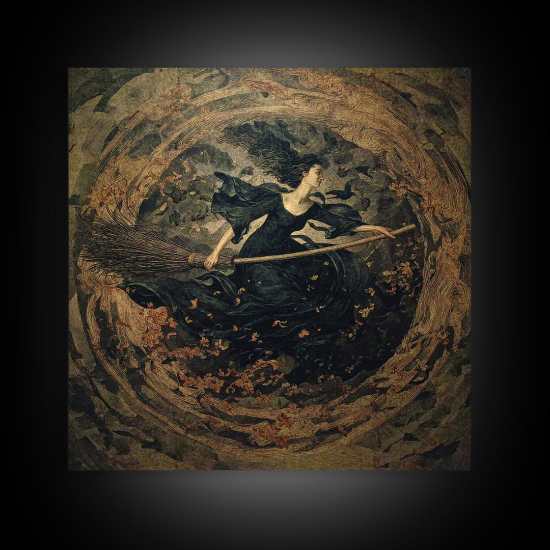 The Witch'S Broom, Dark Symbolist Art, Square Wall Art, Dark Fantasy Wall Art, Framed Canvas Print, Halloween Wall Art