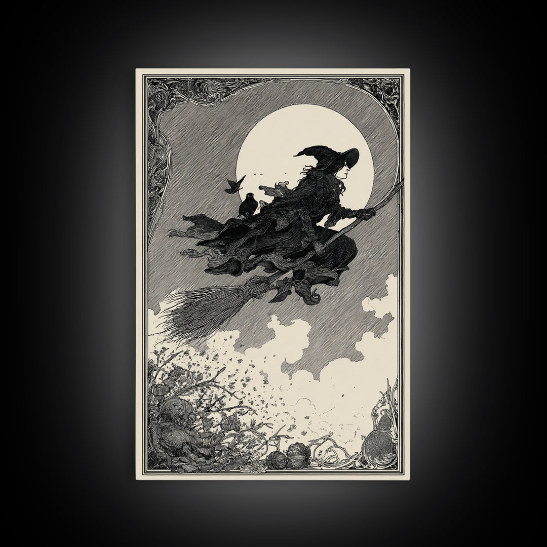 The Witch'S Broom, Decadent Line Art, Vertical Wall Art, Macabre Wall Art, Canvas Print, Halloween Wall Art, Gothic Home Decor