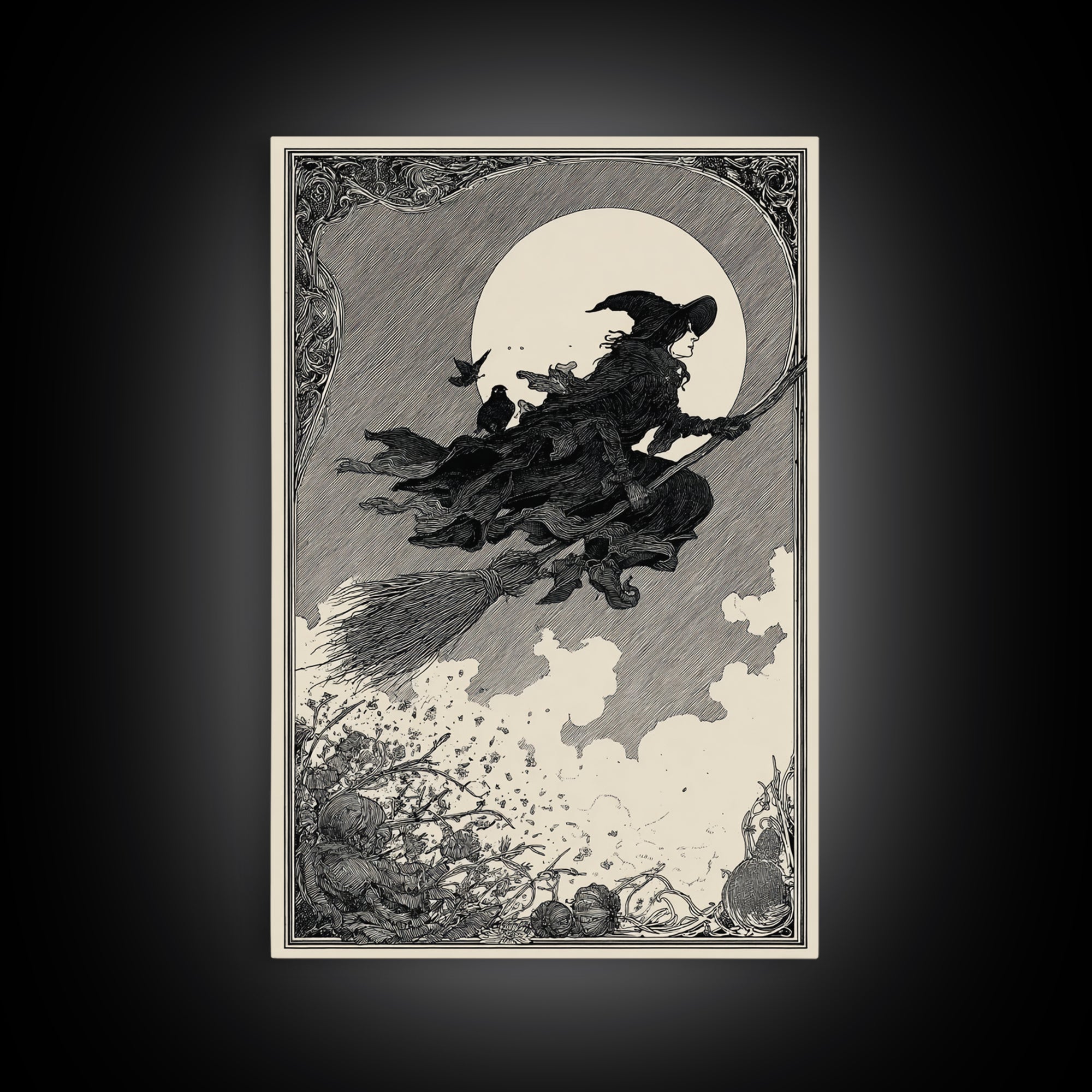 The Witch'S Broom, Decadent Line Art, Vertical Wall Art, Macabre Wall Art, Canvas Print, Halloween Wall Art, Gothic Home Decor
