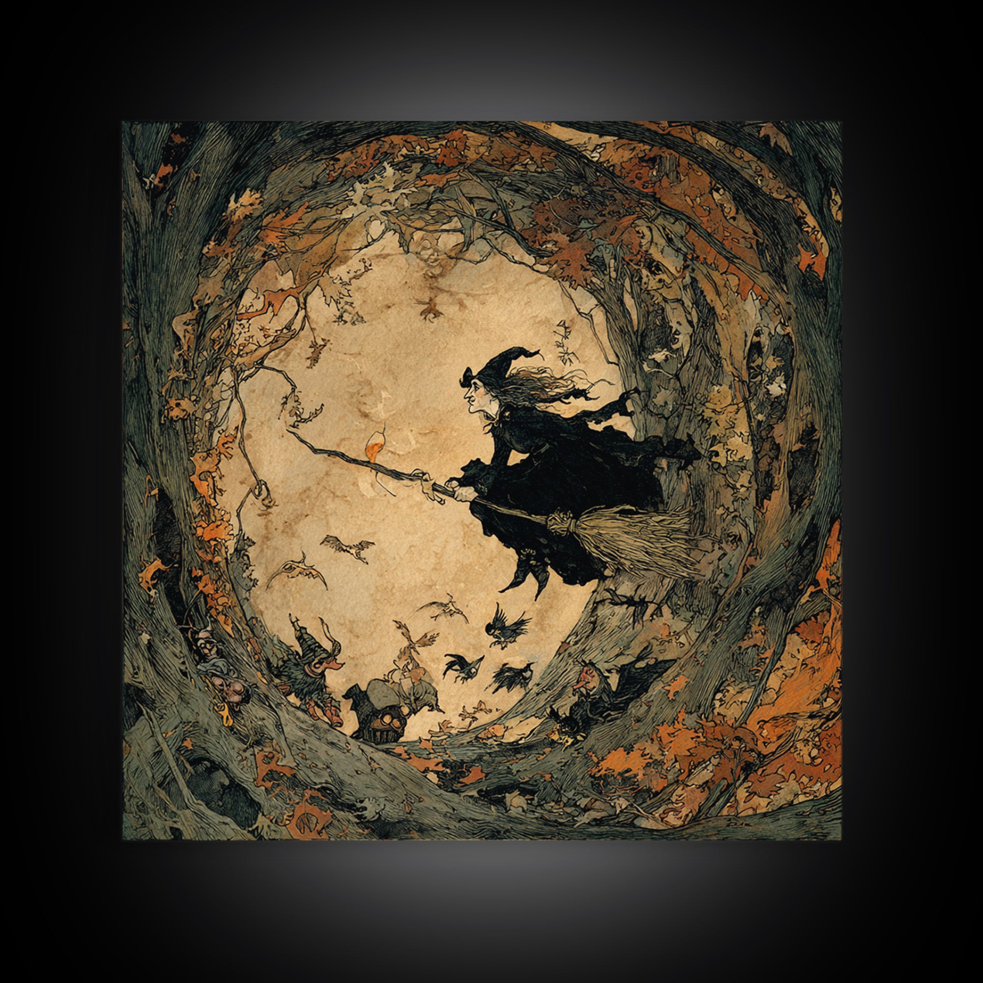 The Witch'S Broom, Gothic Storybook Art, Square Wall Art, Macabre Wall Art, Canvas Print, Halloween Wall Art, Spooky Wall Decor