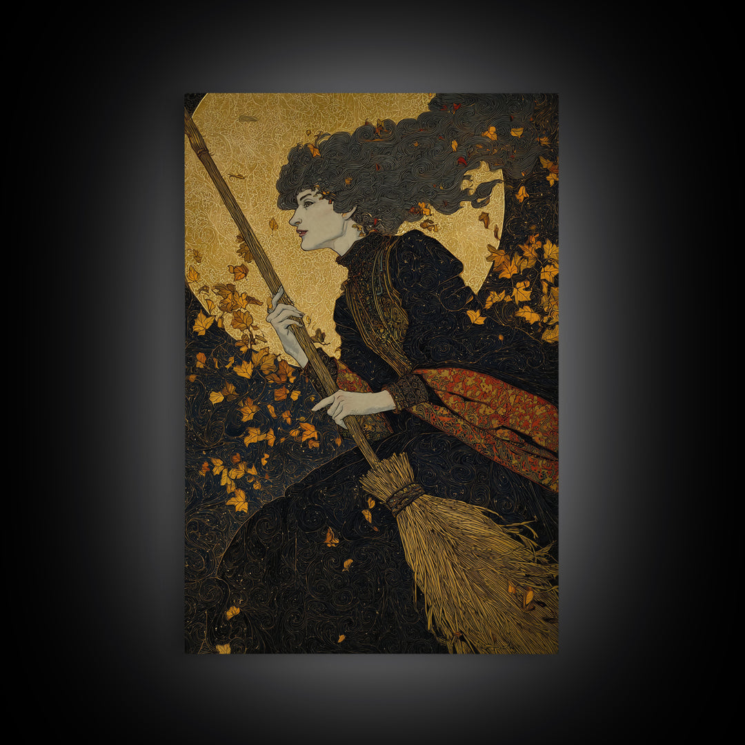 The Witch'S Broom, Stained Glass Gothic Art, Vertical Wall Art, Macabre Wall Art, Framed Canvas Print, Halloween Wall Art