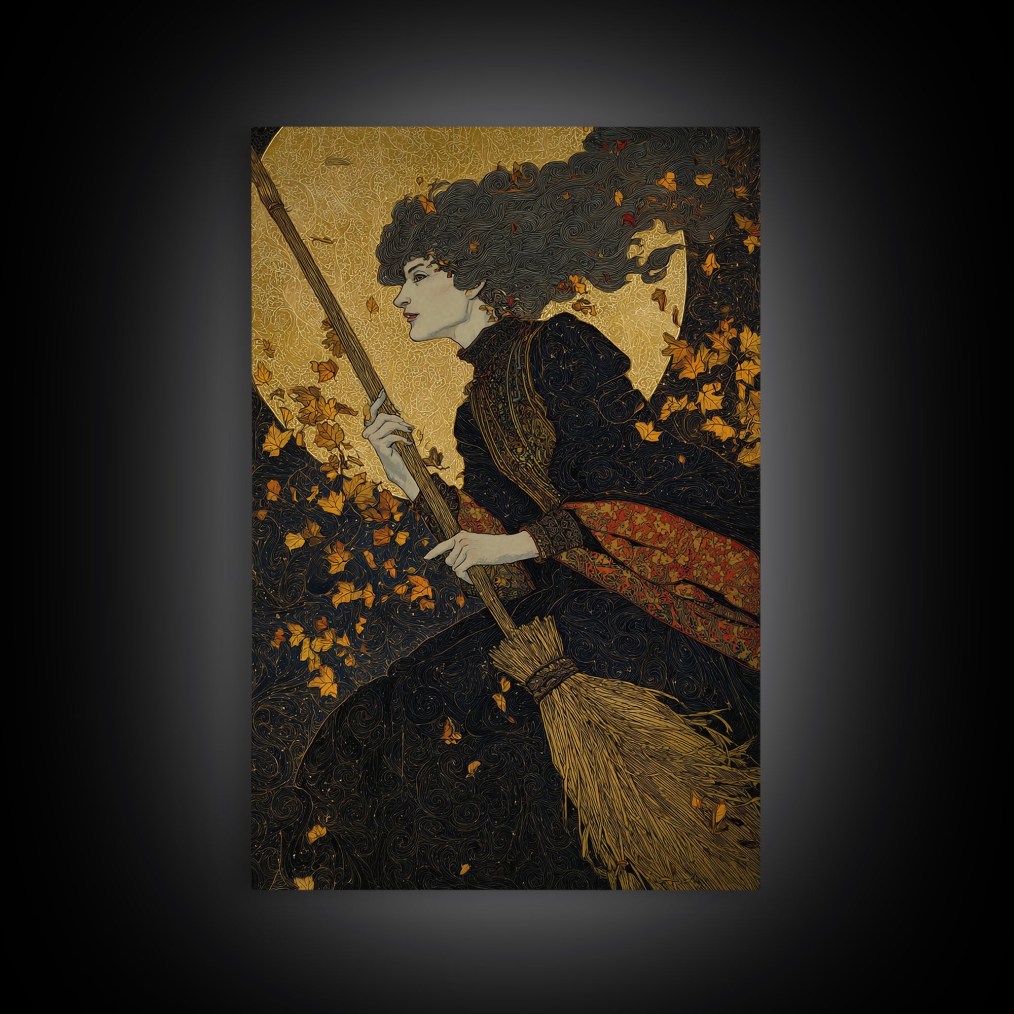 The Witch'S Broom, Stained Glass Gothic Art, Vertical Wall Art, Macabre Wall Art, Framed Canvas Print, Halloween Wall Art
