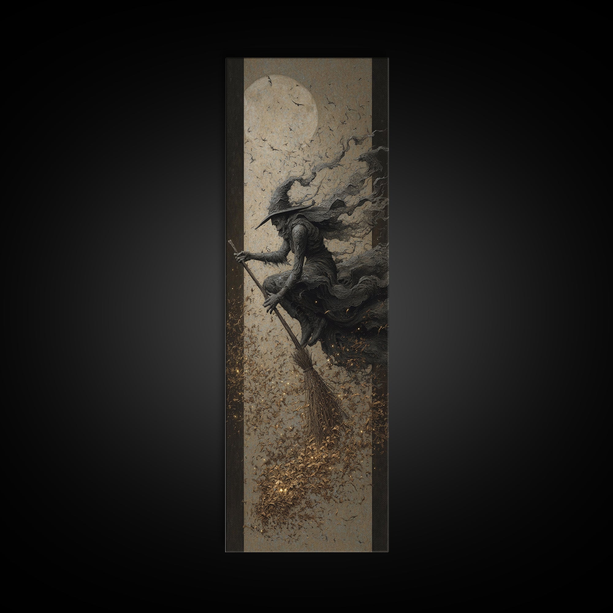 The Witch'S Broom, Surreal Apocalyptic Art, Tall Narrow Wall Art, Dark Halloween Decor, Framed Canvas Print, Halloween Wall Art