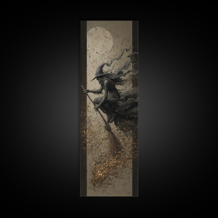 The Witch'S Broom, Surreal Apocalyptic Art, Tall Narrow Wall Art, Dark Halloween Decor, Framed Canvas Print, Halloween Wall Art