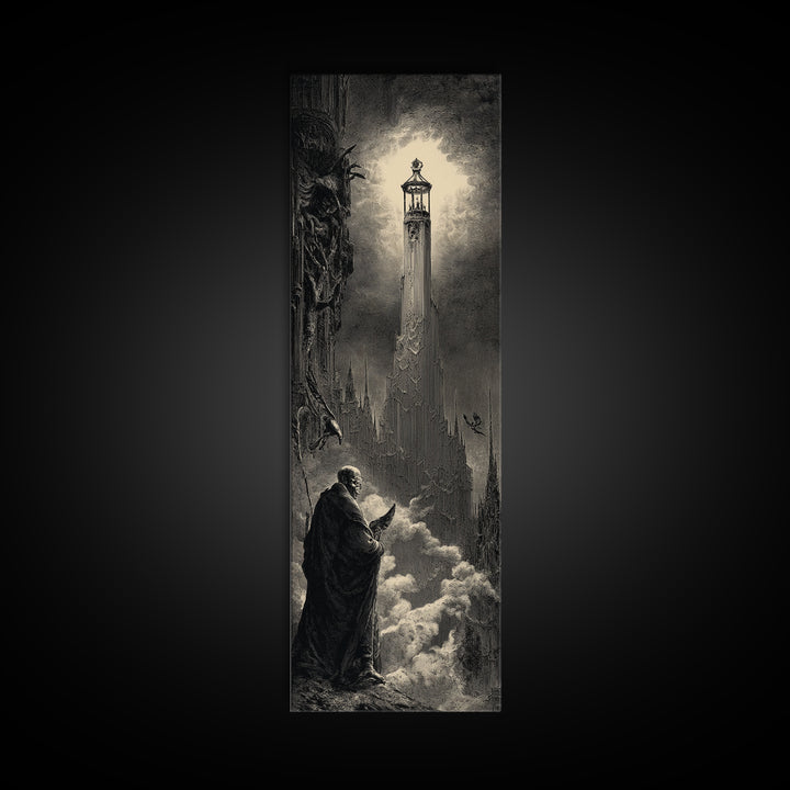The Bone-Handled Lantern, Gothic Engraving Art, Tall Narrow Wall Art, Dark Halloween Decor, Framed Canvas Print, Halloween Wall Art