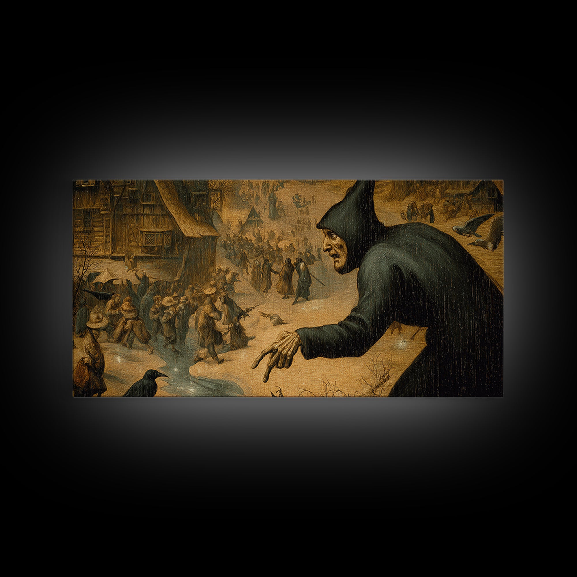 The Bone-Handled Lantern, Northern Renaissance Horror, Wide Panoramic Art, Dark Fantasy Wall Art, Canvas Print, Halloween Wall Art