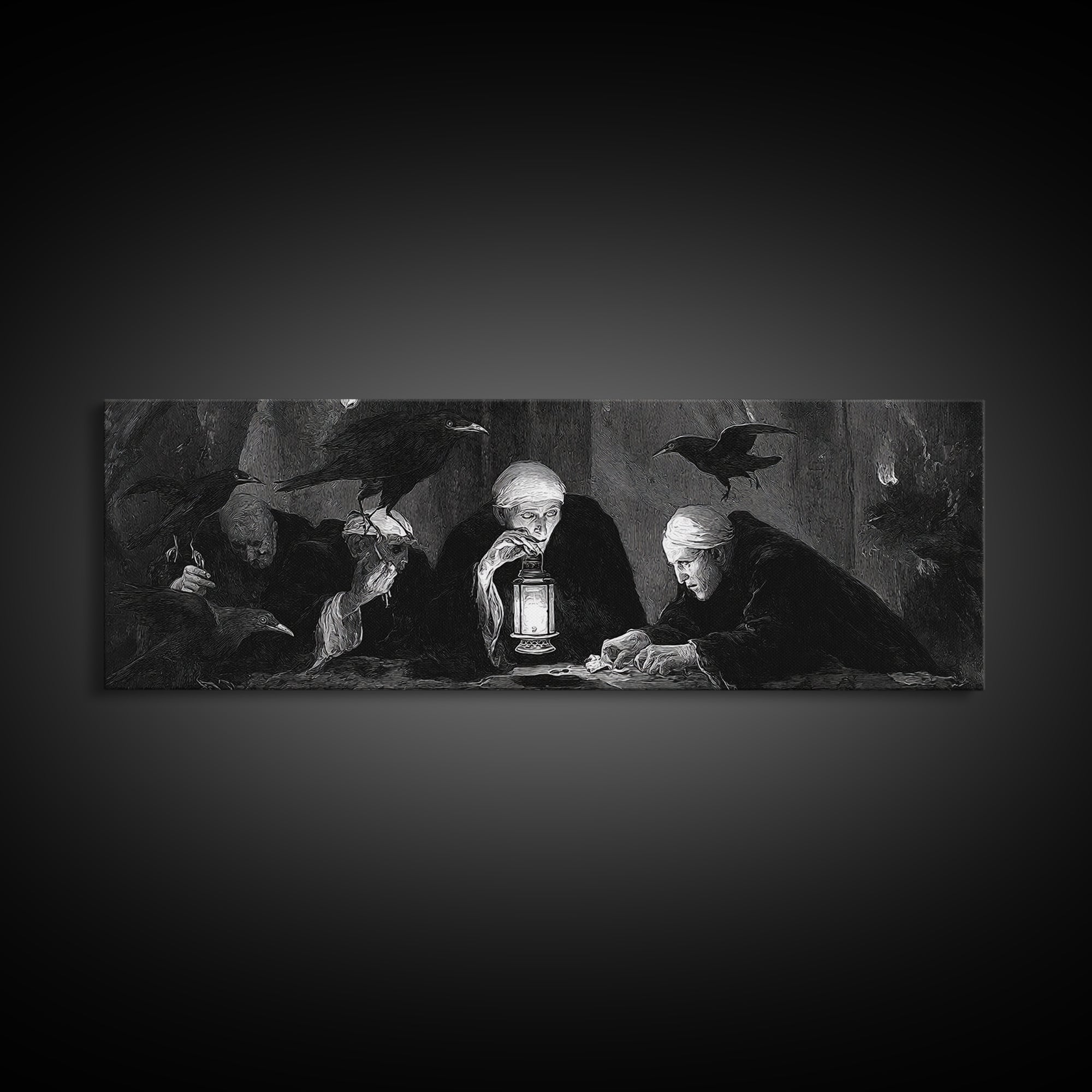 The Bone-Handled Lantern, Dark Romantic Horror Art, Extra Wide Wall Art, Macabre Wall Art, Framed Canvas Print, Halloween Wall Art