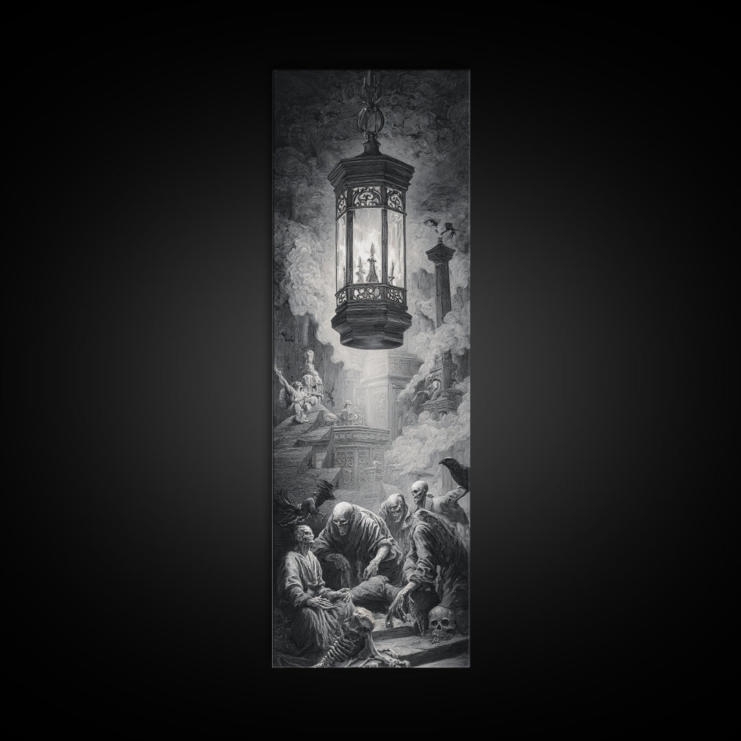 The Bone-Handled Lantern, Architectural Etching Art, Tall Narrow Wall Art, Dark Fantasy Wall Art, Framed Canvas Print
