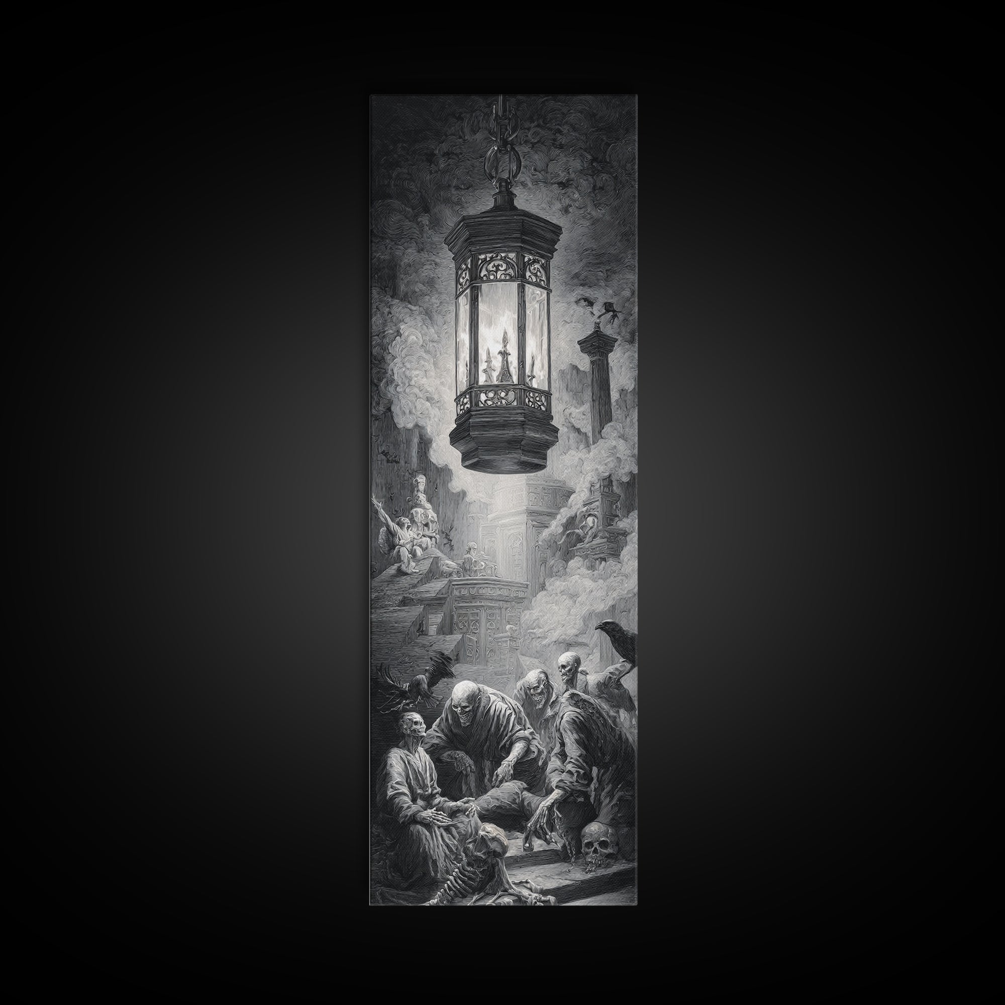 The Bone-Handled Lantern, Architectural Etching Art, Tall Narrow Wall Art, Dark Fantasy Wall Art, Framed Canvas Print