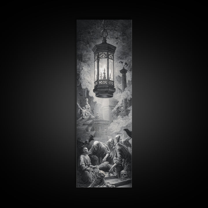 The Bone-Handled Lantern, Architectural Etching Art, Tall Narrow Wall Art, Dark Fantasy Wall Art, Framed Canvas Print