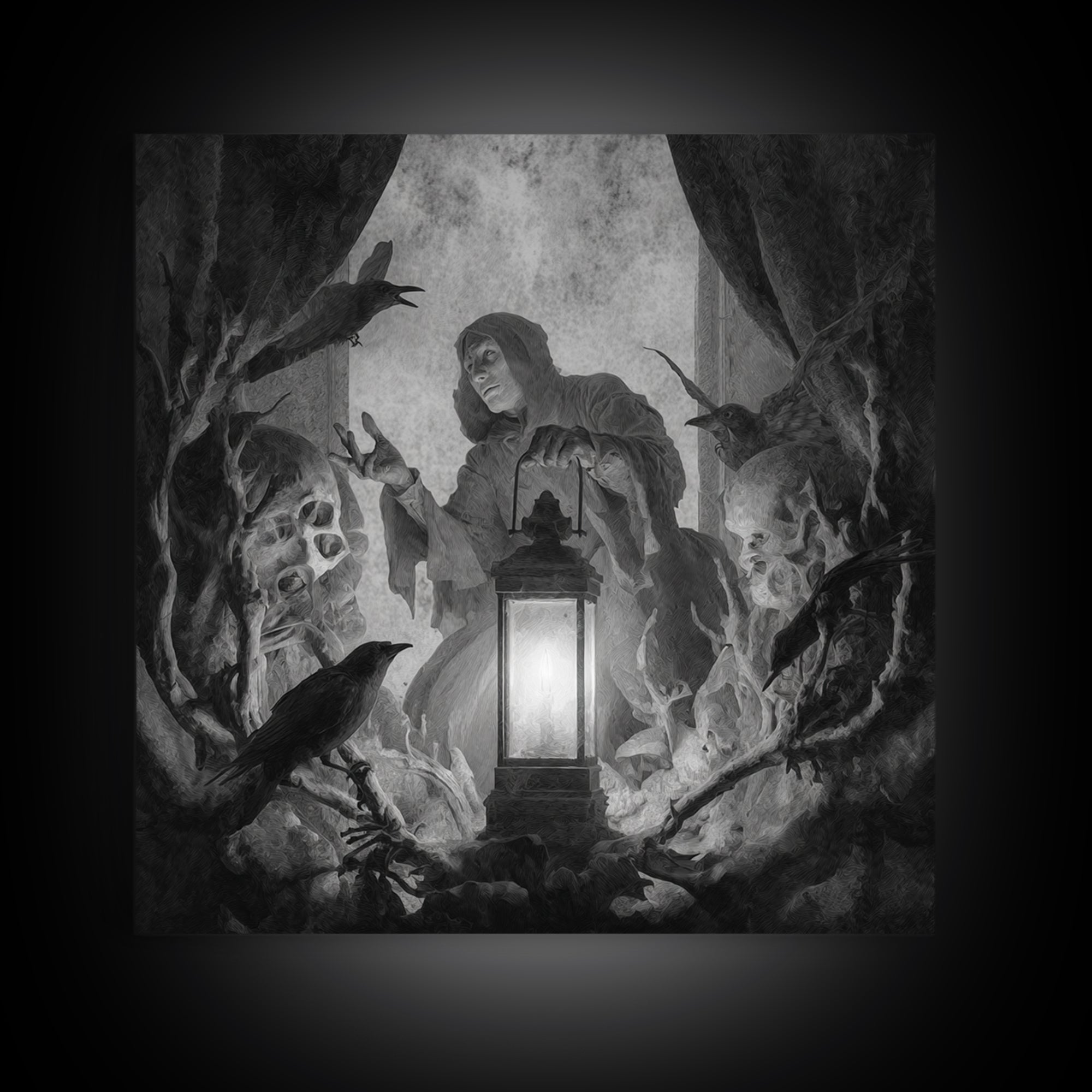 The Bone-Handled Lantern, Symbolist Dream Art, Square Wall Art, Gothic Horror Wall Art, Canvas Print, Halloween Wall Art