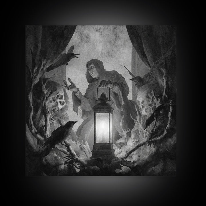 The Bone-Handled Lantern, Symbolist Dream Art, Square Wall Art, Gothic Horror Wall Art, Canvas Print, Halloween Wall Art