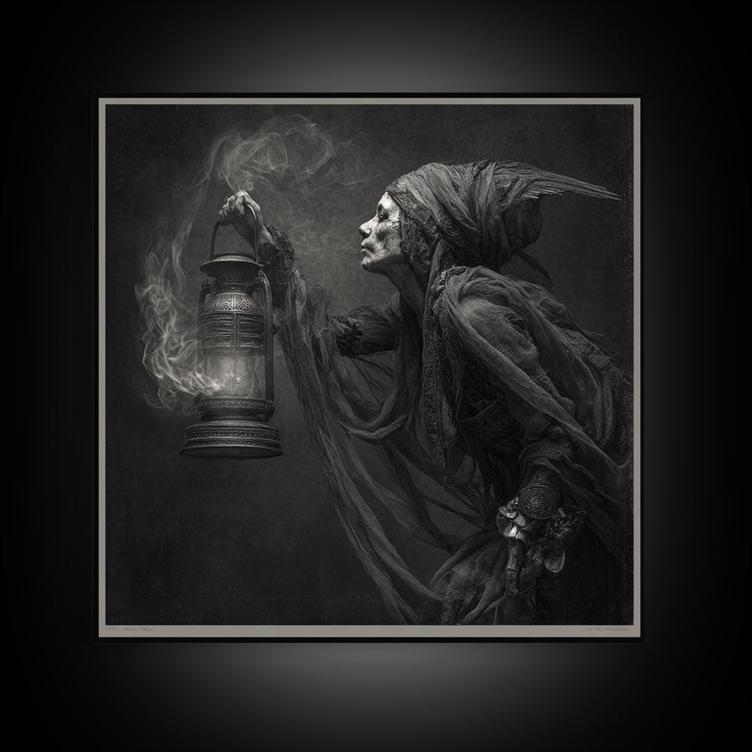 The Bone-Handled Lantern, Ornate Symbolist Art, Square Wall Art, Gothic Horror Wall Art, Framed Canvas Print, Halloween Wall Art
