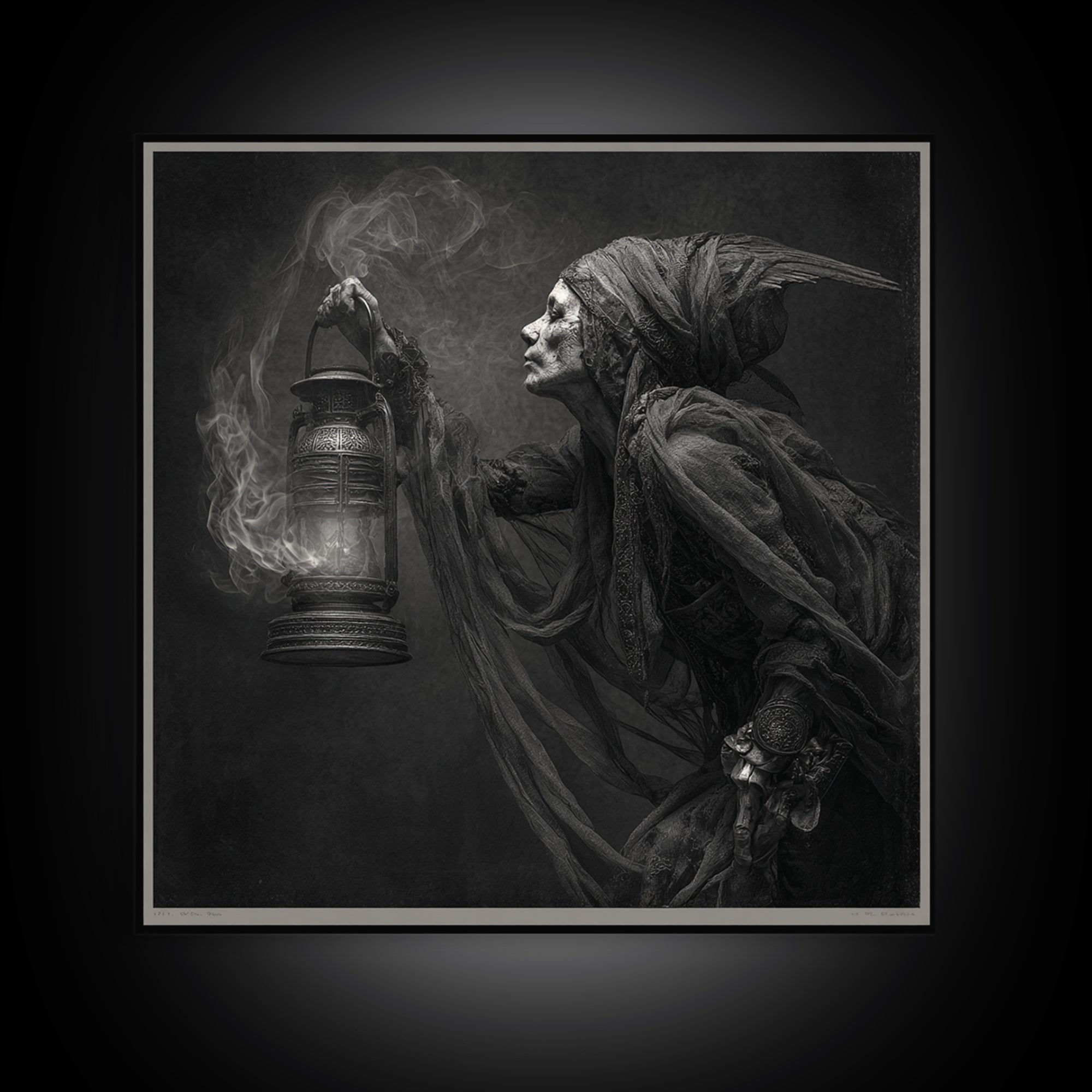 The Bone-Handled Lantern, Ornate Symbolist Art, Square Wall Art, Gothic Horror Wall Art, Framed Canvas Print, Halloween Wall Art