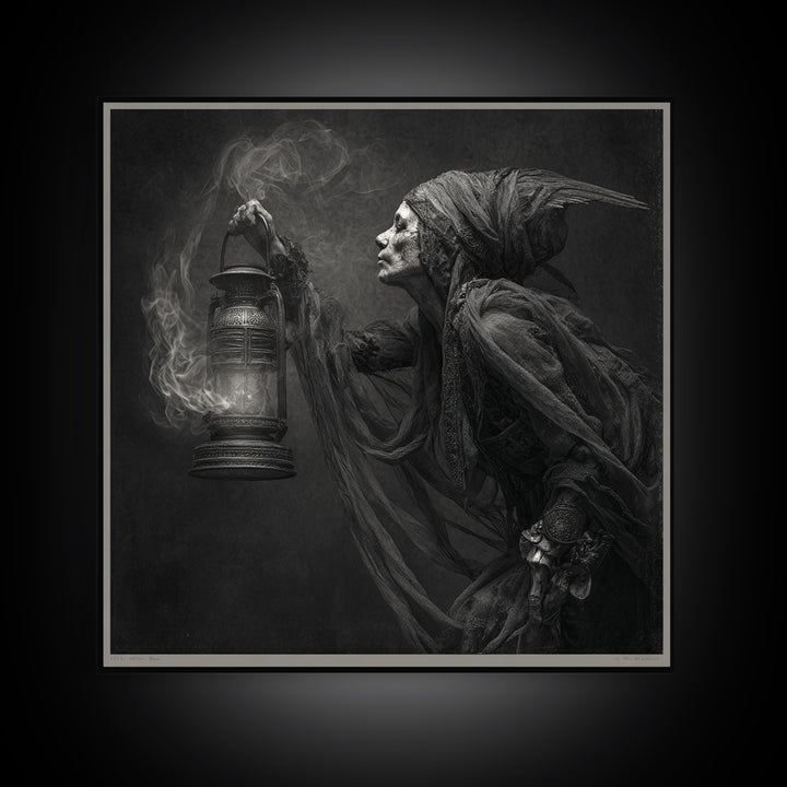 The Bone-Handled Lantern, Ornate Symbolist Art, Square Wall Art, Gothic Horror Wall Art, Framed Canvas Print, Halloween Wall Art