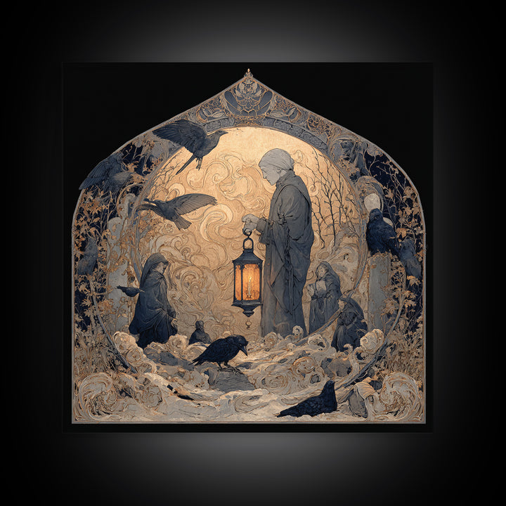 The Bone-Handled Lantern, Symbolist Death Art, Square Wall Art, Dark Halloween Decor, Framed Canvas Print, Halloween Wall Art