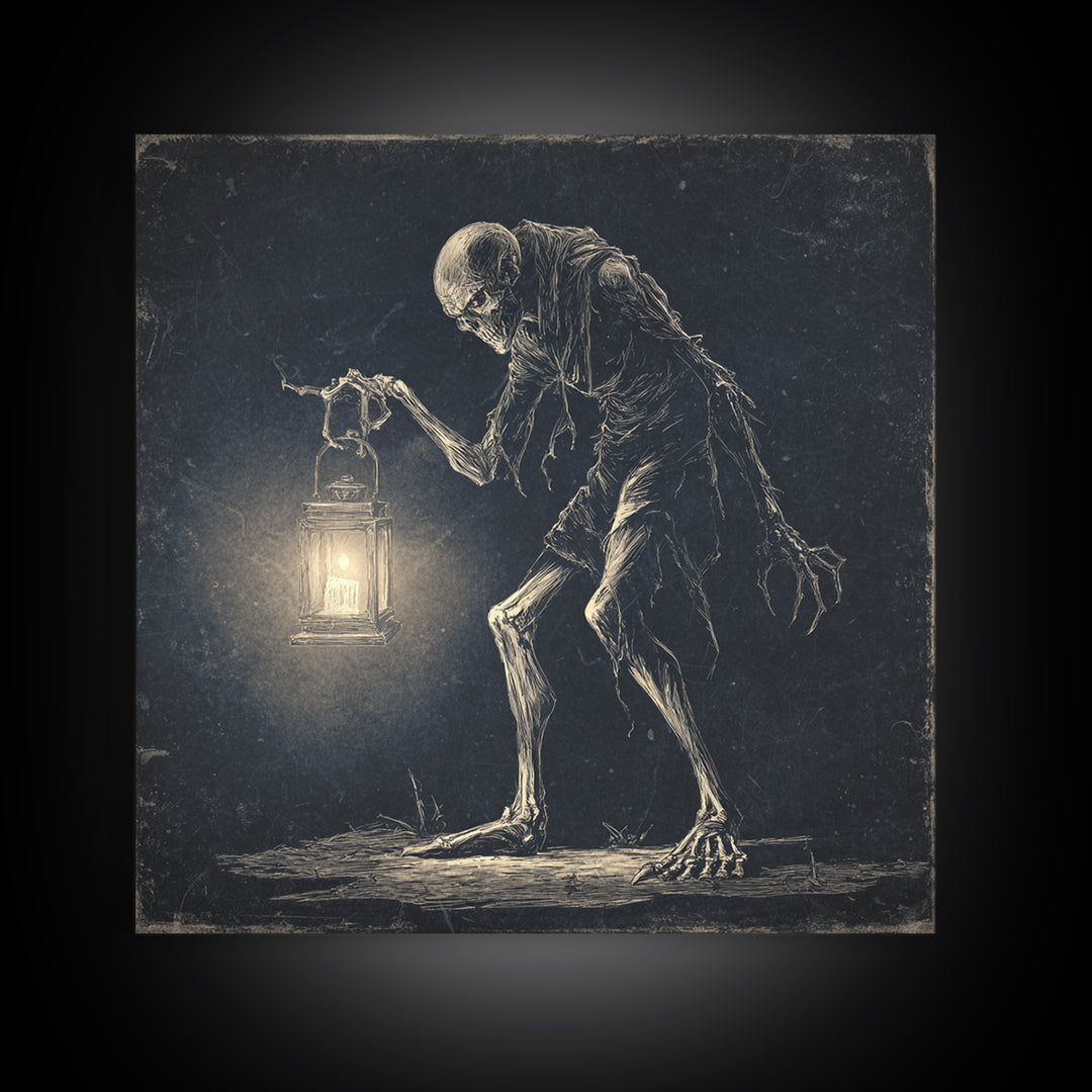 The Bone-Handled Lantern, Expressionist Nightmare Art, Square Wall Art, Dark Fantasy Wall Art, Framed Canvas Print, Halloween Wall Art
