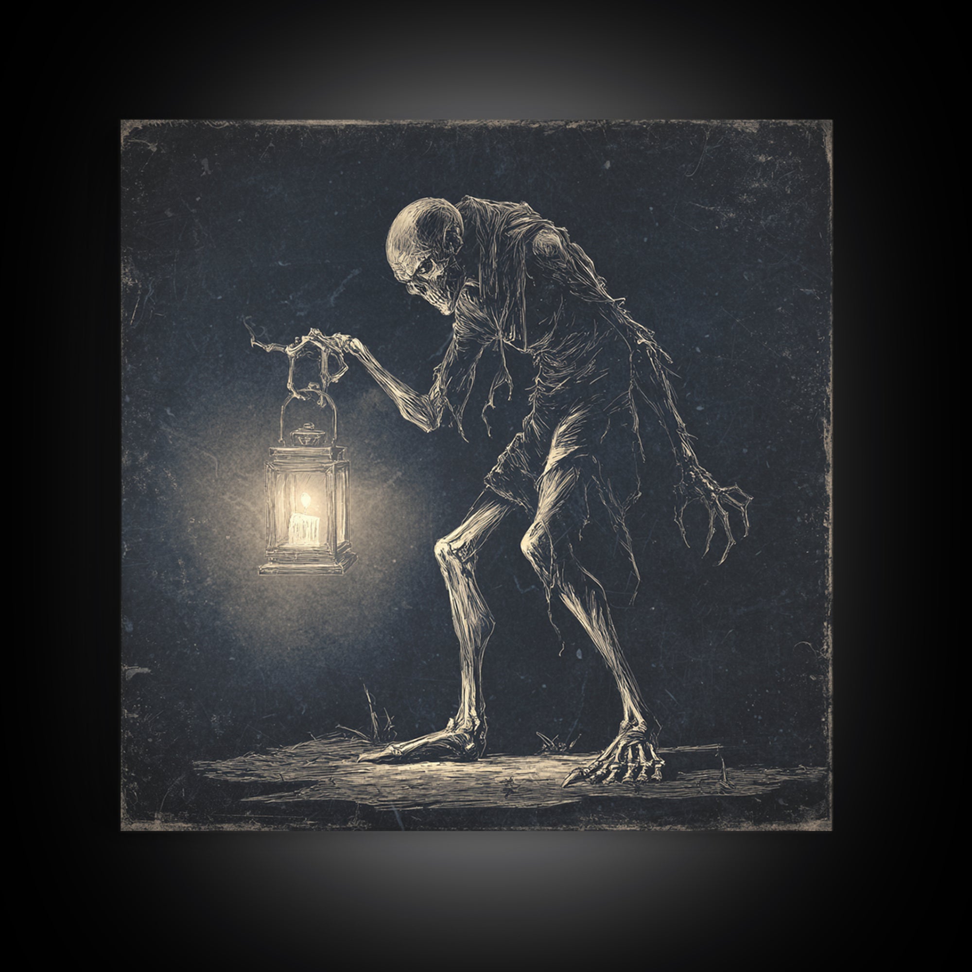 The Bone-Handled Lantern, Expressionist Nightmare Art, Square Wall Art, Dark Fantasy Wall Art, Framed Canvas Print, Halloween Wall Art