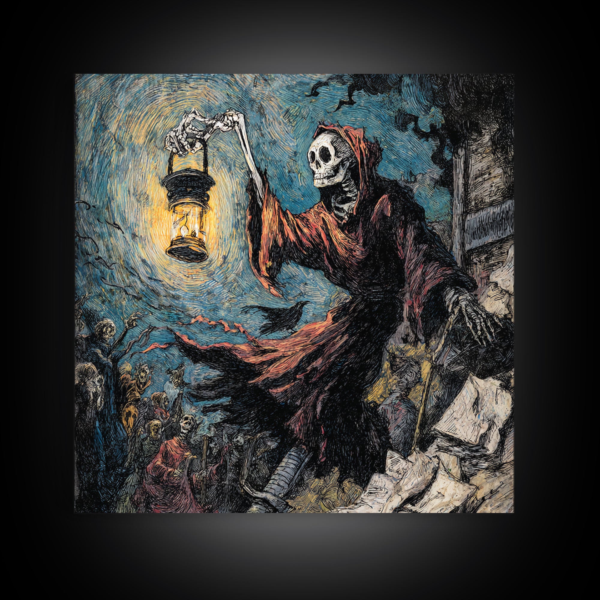 The Bone-Handled Lantern, Grotesque Carnival Art, Square Wall Art, Macabre Wall Art, Framed Canvas Print, Halloween Wall Art