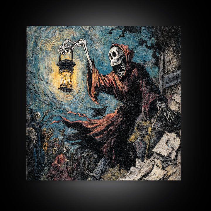 The Bone-Handled Lantern, Grotesque Carnival Art, Square Wall Art, Macabre Wall Art, Framed Canvas Print, Halloween Wall Art