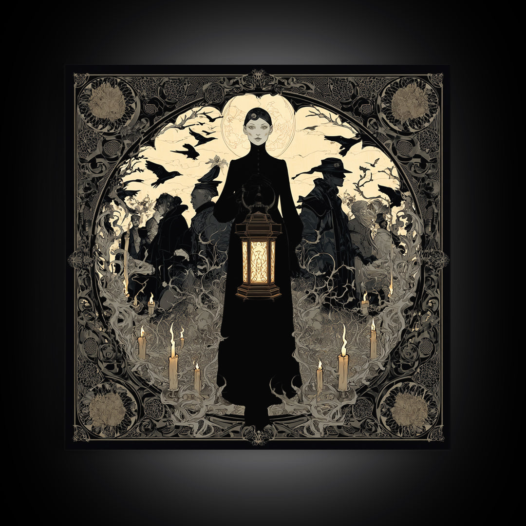 The Bone-Handled Lantern, Decadent Line Art, Square Wall Art, Gothic Horror Wall Art, Framed Canvas Print, Halloween Wall Art