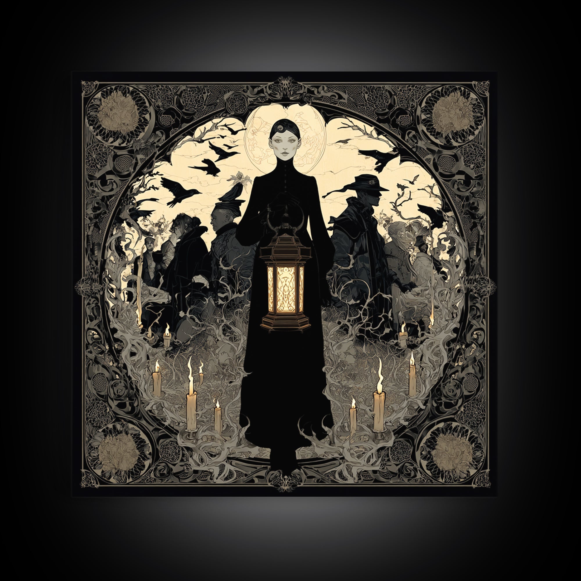 The Bone-Handled Lantern, Decadent Line Art, Square Wall Art, Gothic Horror Wall Art, Framed Canvas Print, Halloween Wall Art