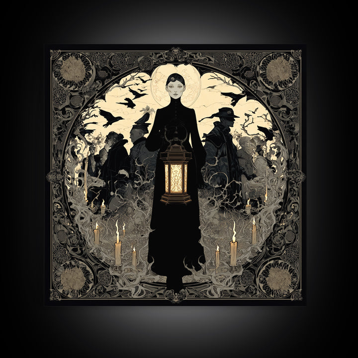 The Bone-Handled Lantern, Decadent Line Art, Square Wall Art, Gothic Horror Wall Art, Framed Canvas Print, Halloween Wall Art
