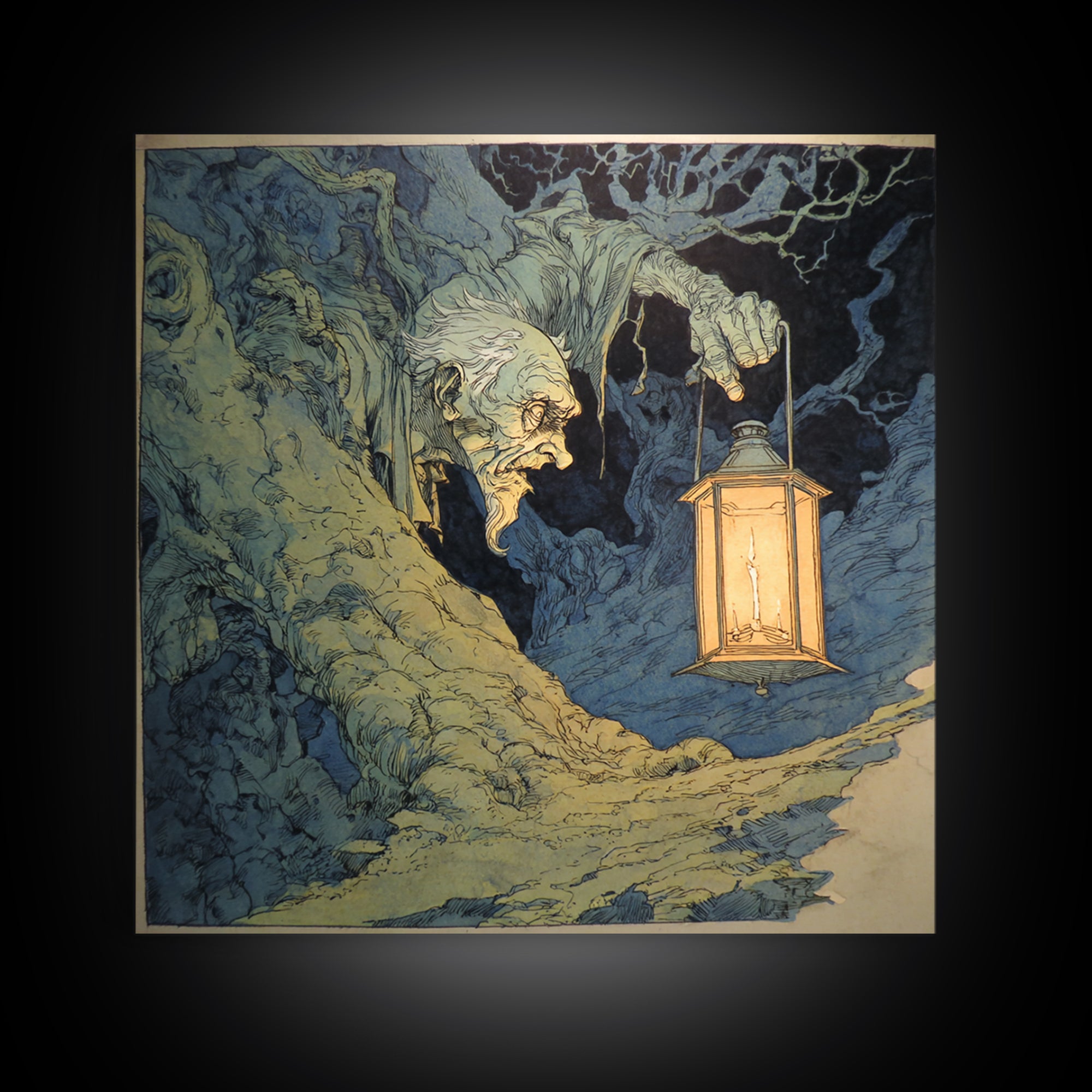 The Bone-Handled Lantern, Gothic Storybook Art, Square Wall Art, Gothic Horror Wall Art, Framed Canvas Print, Halloween Wall Art
