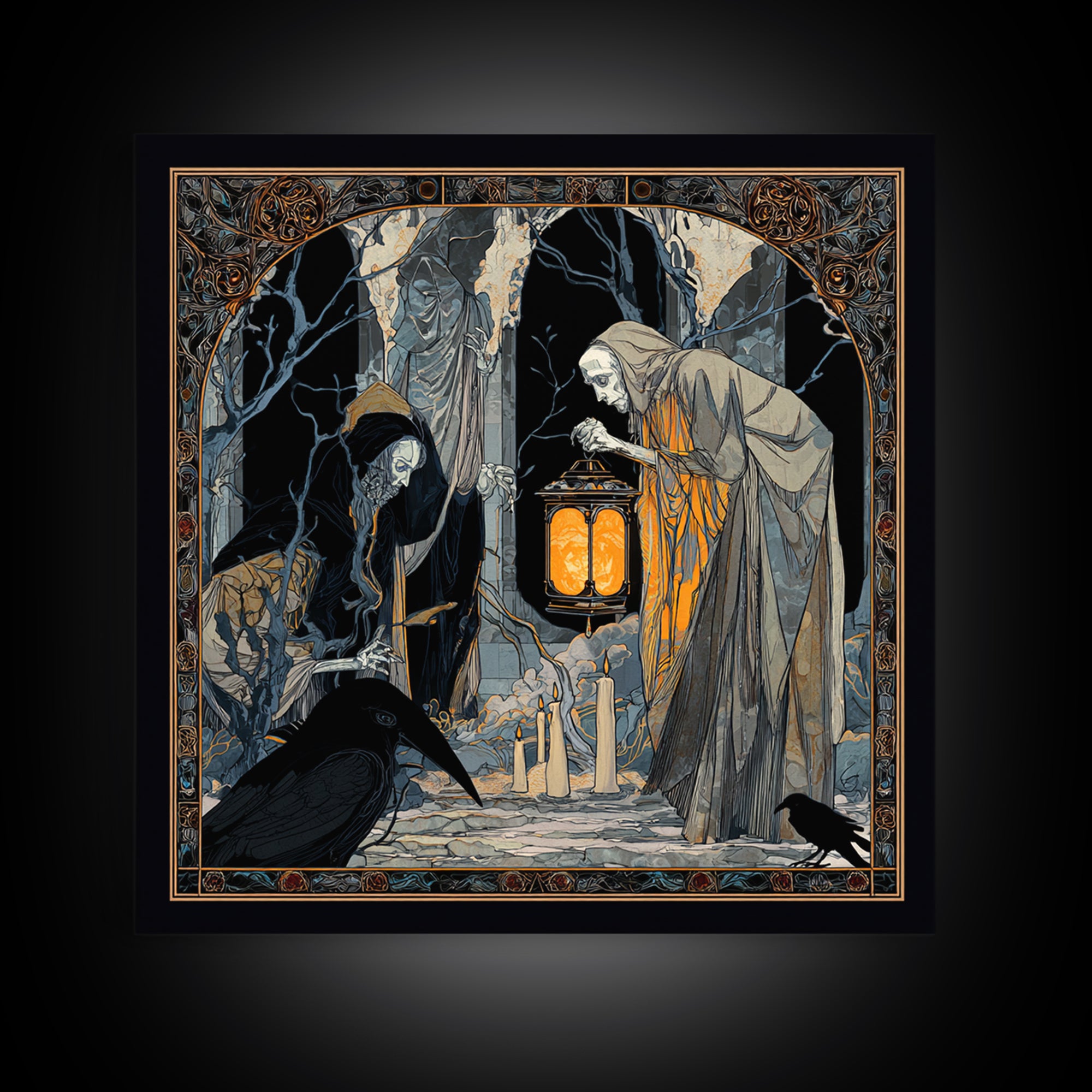 The Bone-Handled Lantern, Stained Glass Gothic Art, Square Wall Art, Gothic Horror Wall Art, Framed Canvas Print, Halloween Wall Art