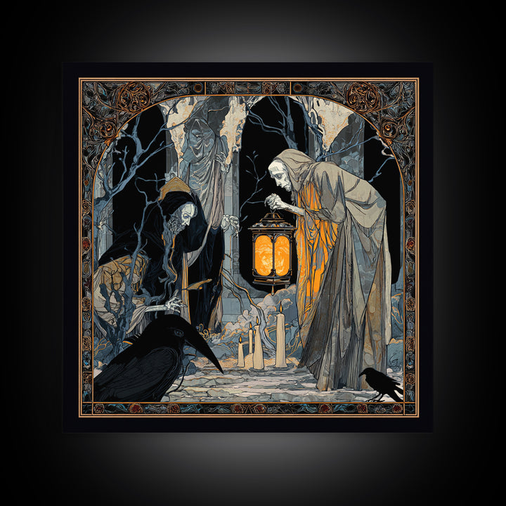 The Bone-Handled Lantern, Stained Glass Gothic Art, Square Wall Art, Gothic Horror Wall Art, Framed Canvas Print, Halloween Wall Art