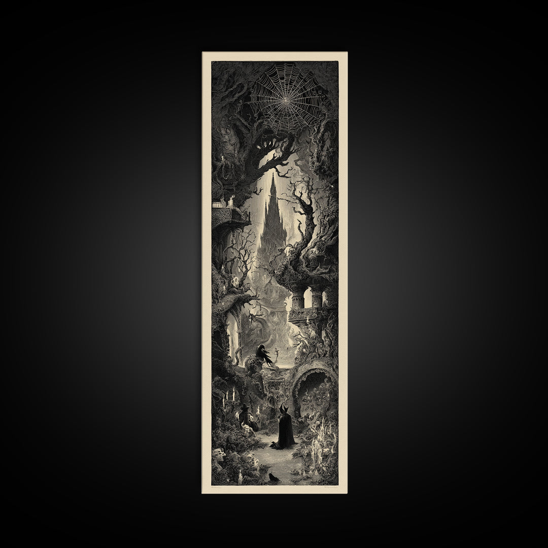 The Spiderweb Crown, Gothic Engraving Art, Tall Narrow Wall Art, Dark Fantasy Wall Art, Framed Canvas Print, Halloween Wall Art