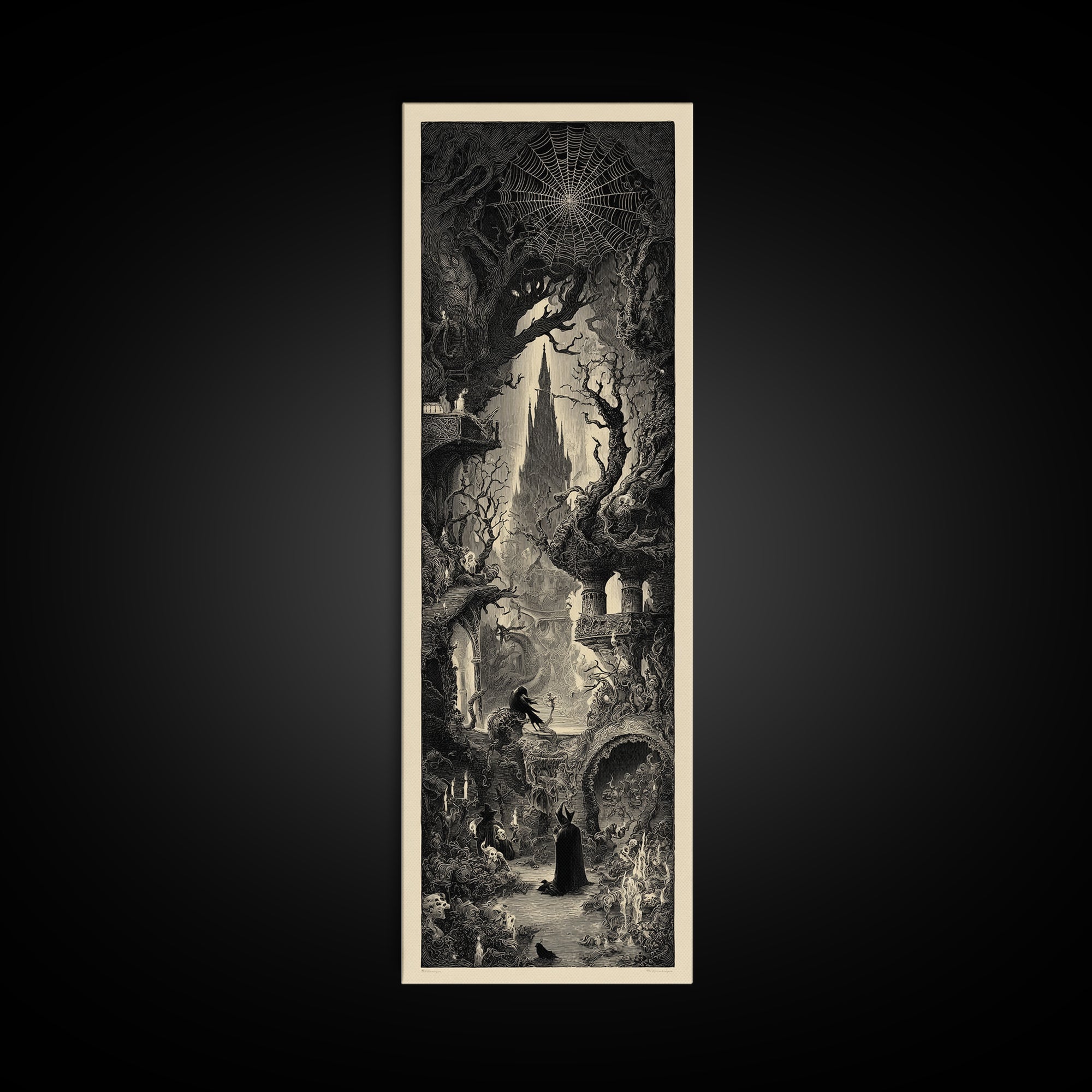 The Spiderweb Crown, Gothic Engraving Art, Tall Narrow Wall Art, Dark Fantasy Wall Art, Framed Canvas Print, Halloween Wall Art