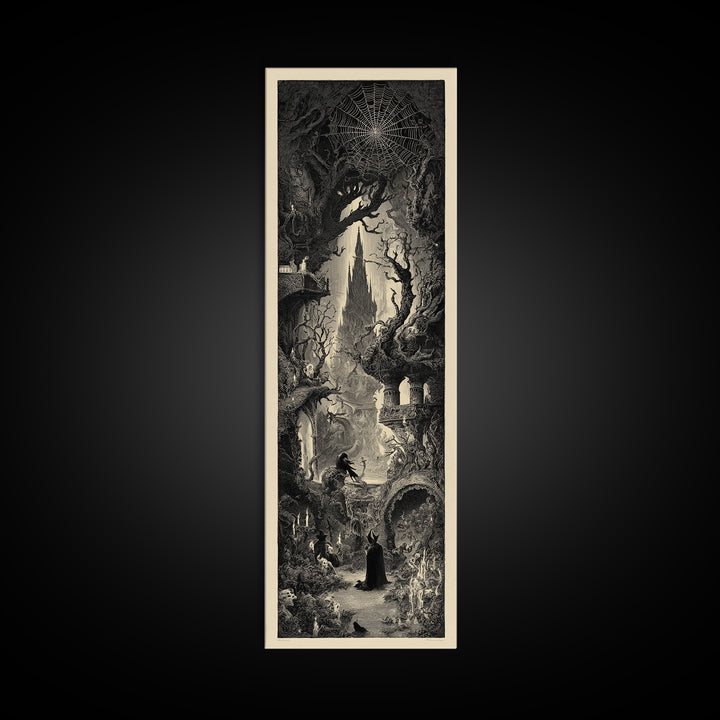The Spiderweb Crown, Gothic Engraving Art, Tall Narrow Wall Art, Dark Fantasy Wall Art, Framed Canvas Print, Halloween Wall Art