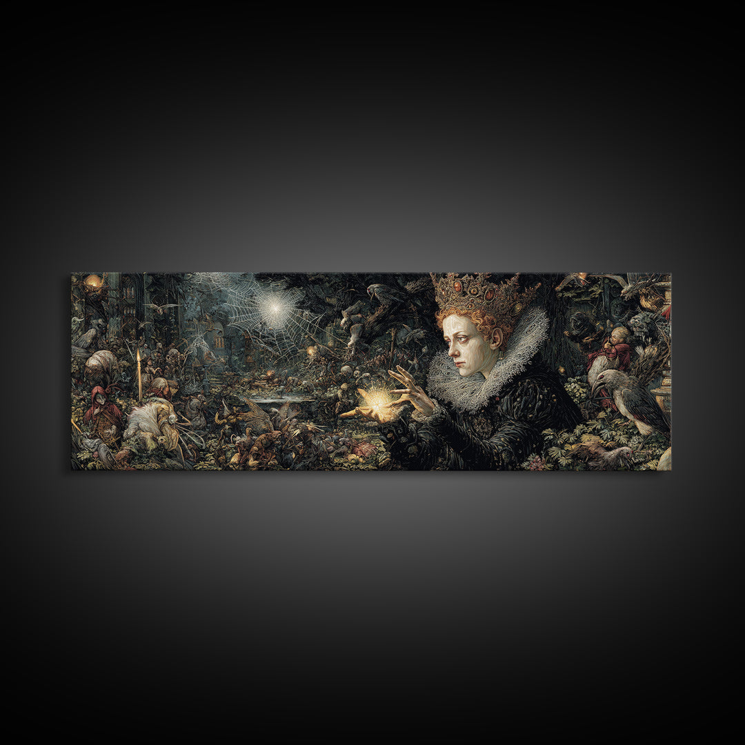 The Spiderweb Crown, Medieval Grotesque Art, Extra Wide Wall Art, Dark Fantasy Wall Art, Framed Canvas Print, Halloween Wall Art