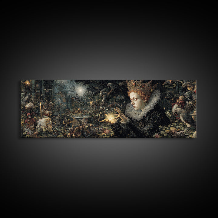 The Spiderweb Crown, Medieval Grotesque Art, Extra Wide Wall Art, Dark Fantasy Wall Art, Framed Canvas Print, Halloween Wall Art