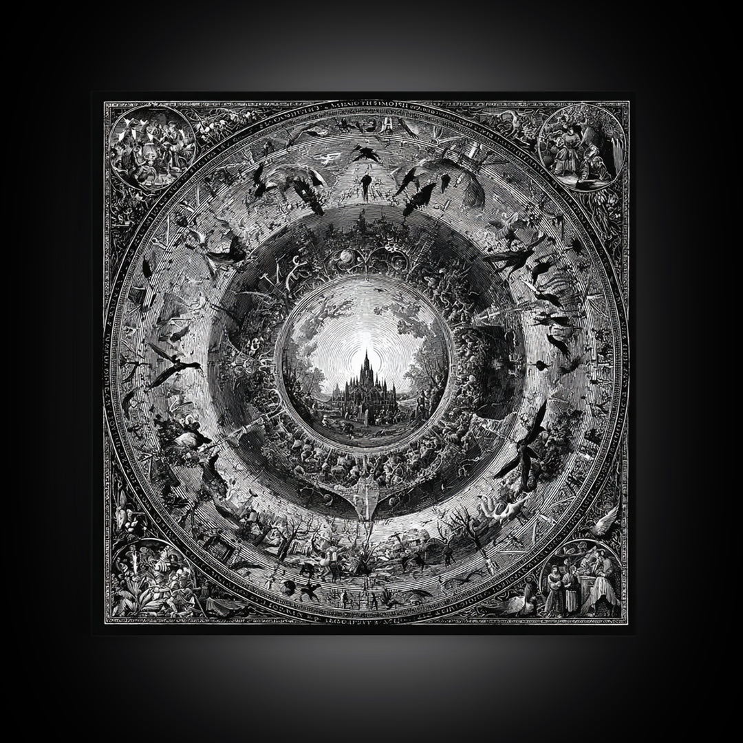 The Spiderweb Crown, Renaissance Engraving Art, Square Wall Art, Dark Halloween Decor, Framed Canvas Print, Halloween Wall Art