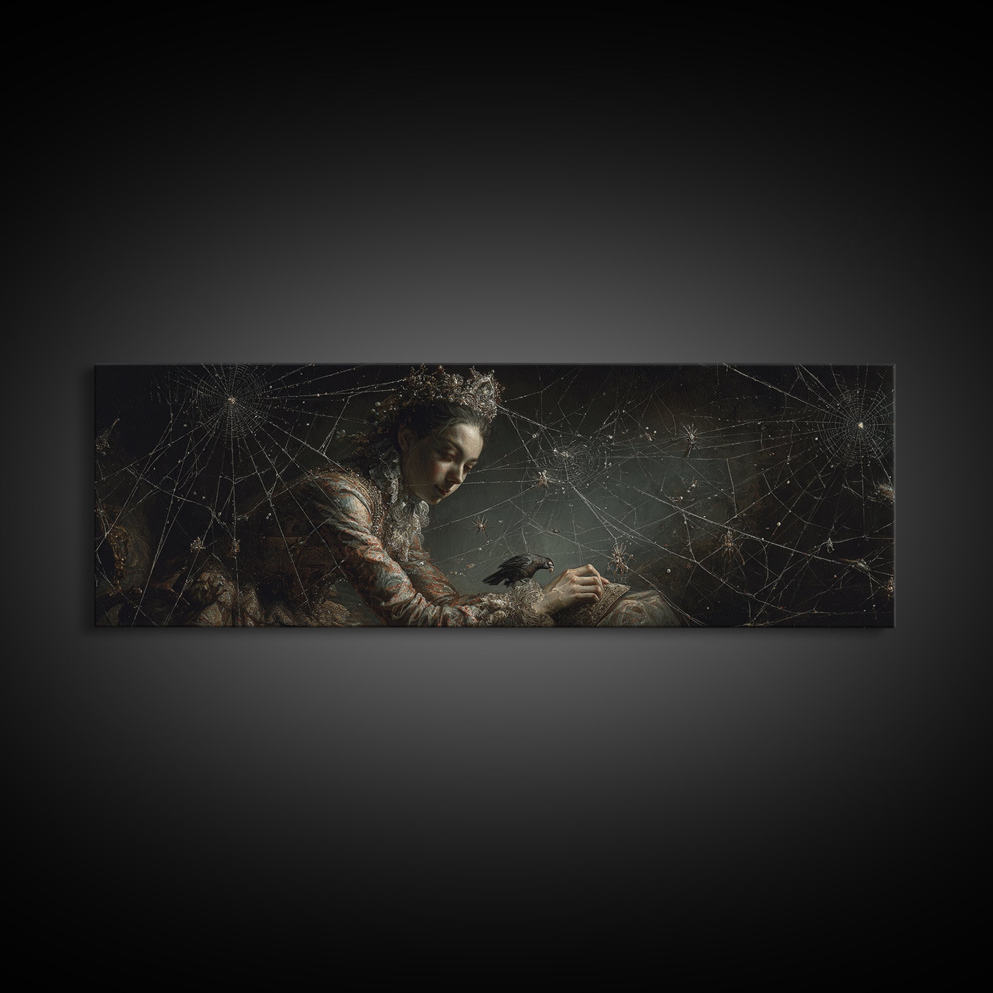 The Spiderweb Crown, Dark Romantic Horror Art, Extra Wide Wall Art, Macabre Wall Art, Canvas Print, Halloween Wall Art, Gothic Home Decor