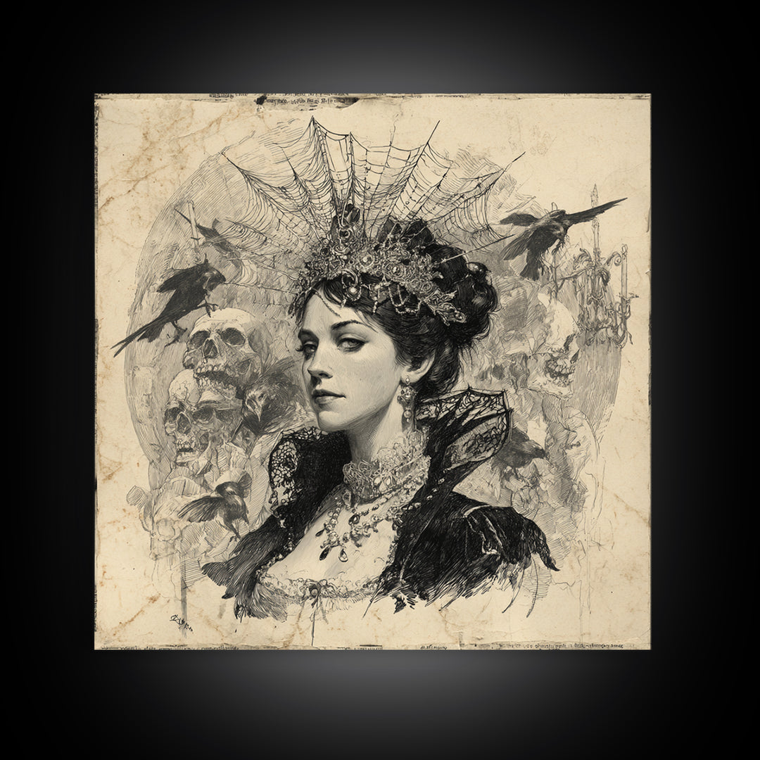 The Spiderweb Crown, Decadent Gothic Art, Square Wall Art, Dark Halloween Decor, Framed Canvas Print, Halloween Wall Art