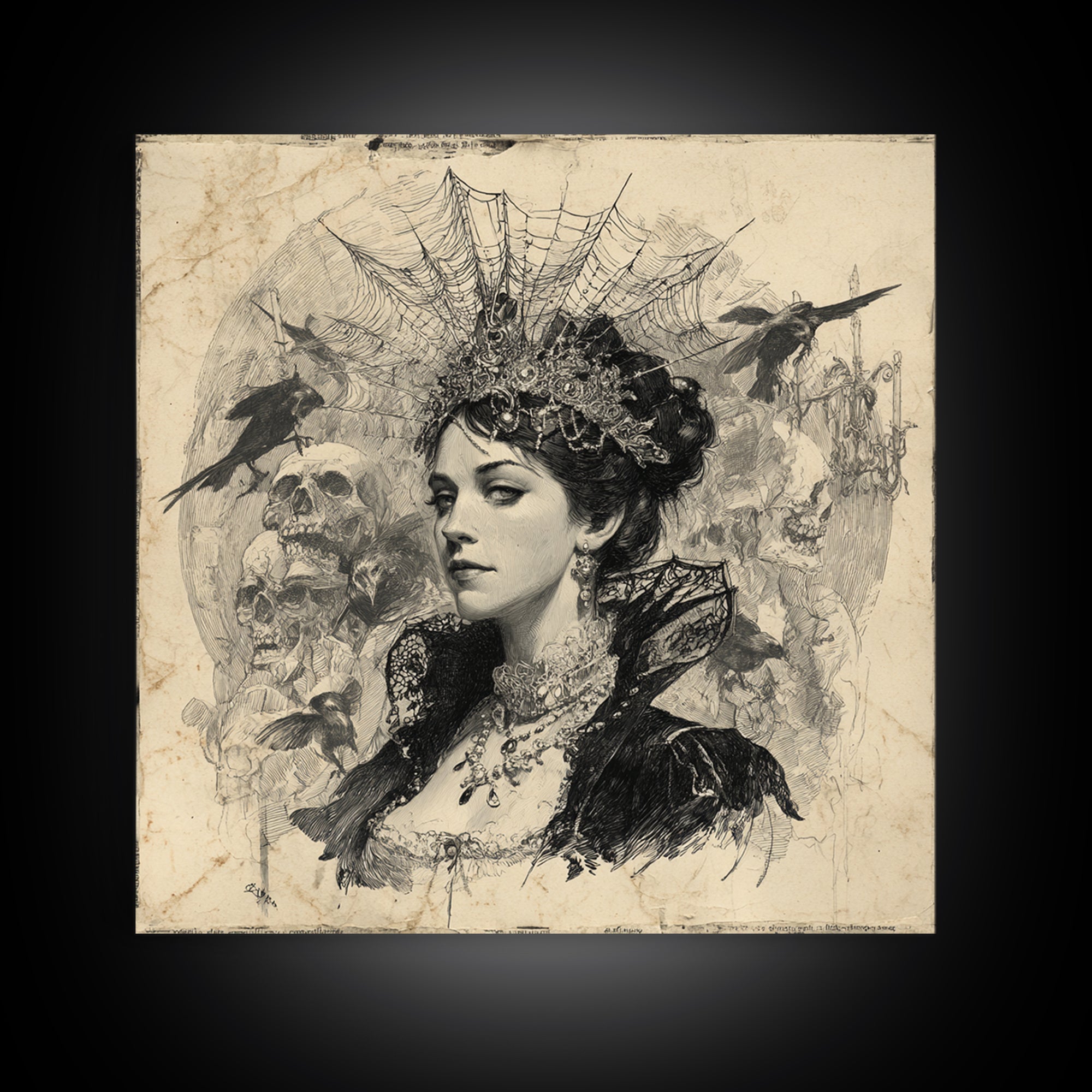 The Spiderweb Crown, Decadent Gothic Art, Square Wall Art, Dark Halloween Decor, Framed Canvas Print, Halloween Wall Art