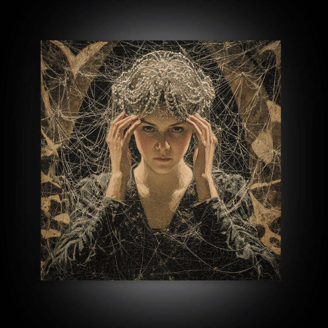 The Spiderweb Crown, Dark Symbolist Art, Square Wall Art, Dark Halloween Decor, Framed Canvas Print, Halloween Wall Art