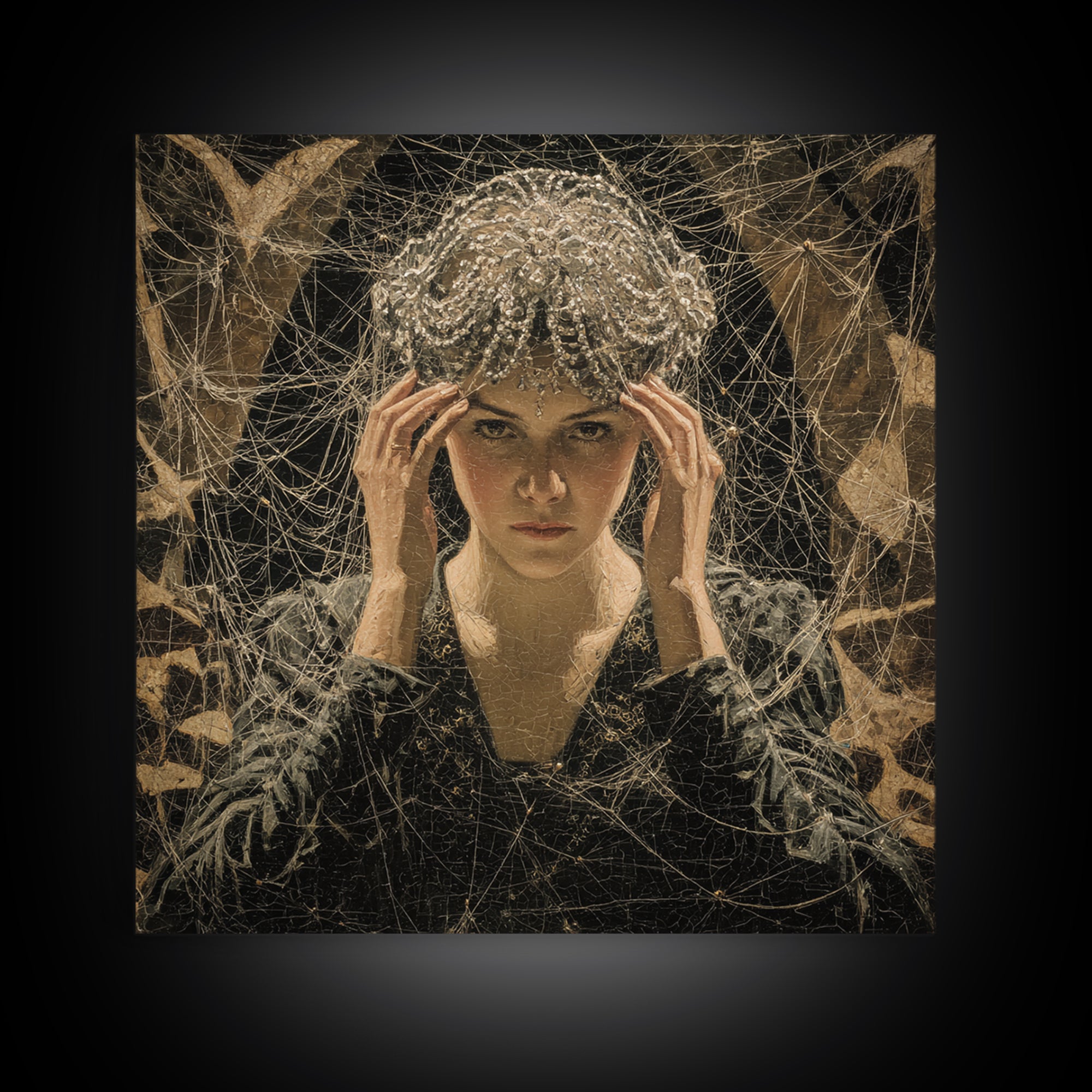The Spiderweb Crown, Dark Symbolist Art, Square Wall Art, Dark Halloween Decor, Framed Canvas Print, Halloween Wall Art