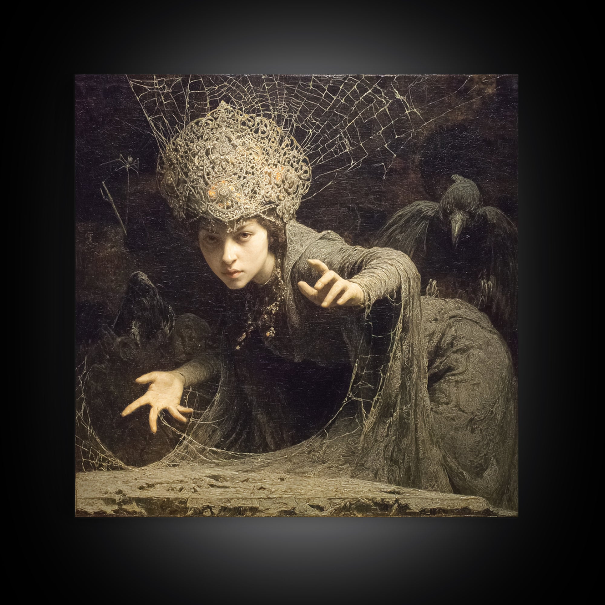 The Spiderweb Crown, Symbolist Etching Art, Square Wall Art, Dark Fantasy Wall Art, Canvas Print, Halloween Wall Art
