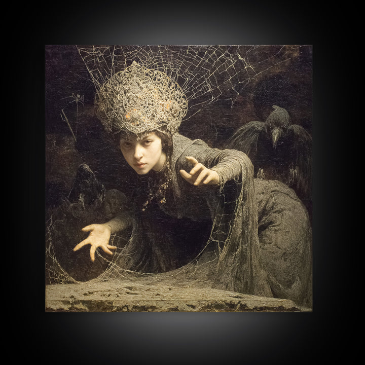 The Spiderweb Crown, Symbolist Etching Art, Square Wall Art, Dark Fantasy Wall Art, Canvas Print, Halloween Wall Art