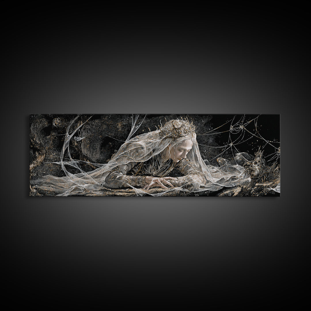 The Spiderweb Crown, Expressionist Nightmare Art, Extra Wide Wall Art, Macabre Wall Art, Framed Canvas Print, Halloween Wall Art