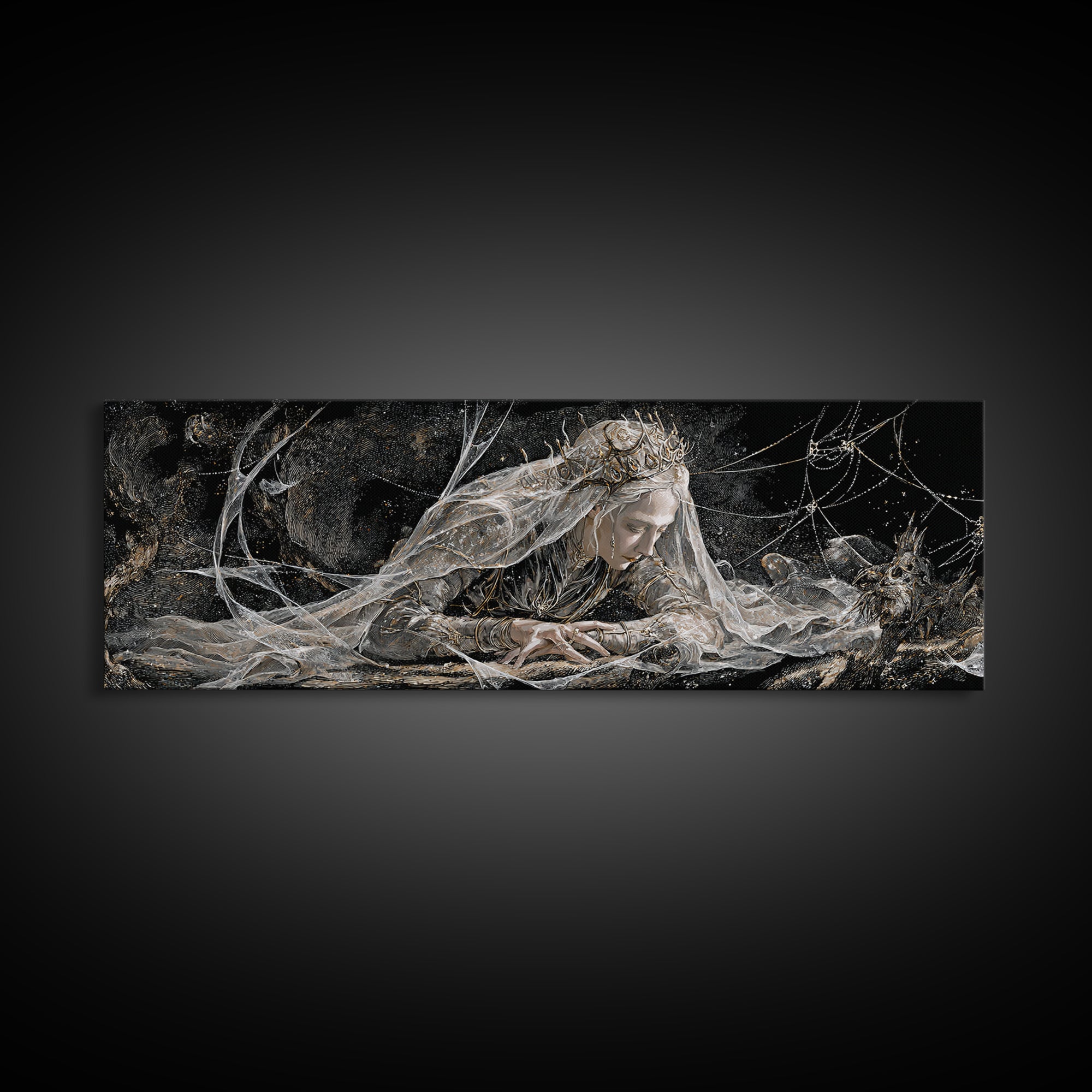 The Spiderweb Crown, Expressionist Nightmare Art, Extra Wide Wall Art, Macabre Wall Art, Framed Canvas Print, Halloween Wall Art