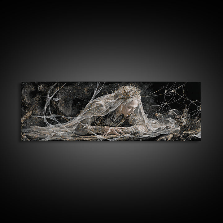 The Spiderweb Crown, Expressionist Nightmare Art, Extra Wide Wall Art, Macabre Wall Art, Framed Canvas Print, Halloween Wall Art