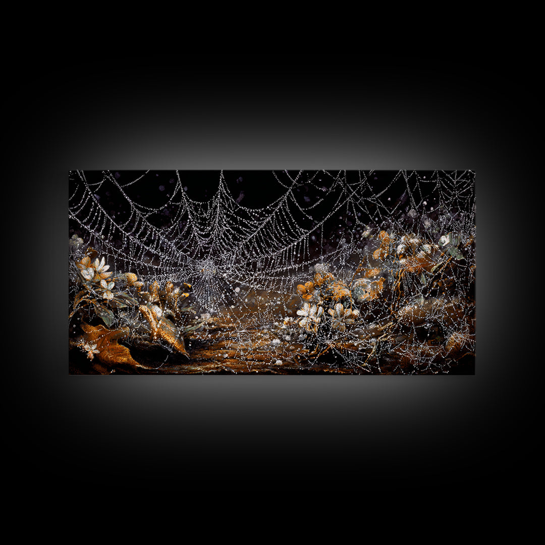 The Spiderweb Crown, Grotesque Carnival Art, Wide Panoramic Art, Dark Halloween Decor, Framed Canvas Print, Halloween Wall Art