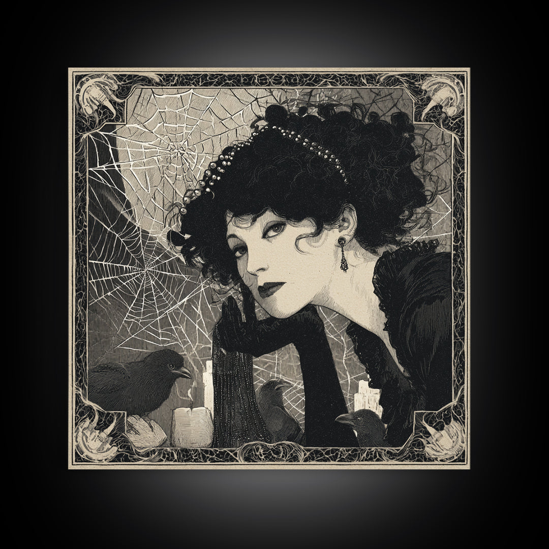 The Spiderweb Crown, Decadent Line Art, Square Wall Art, Gothic Horror Wall Art, Canvas Print, Halloween Wall Art