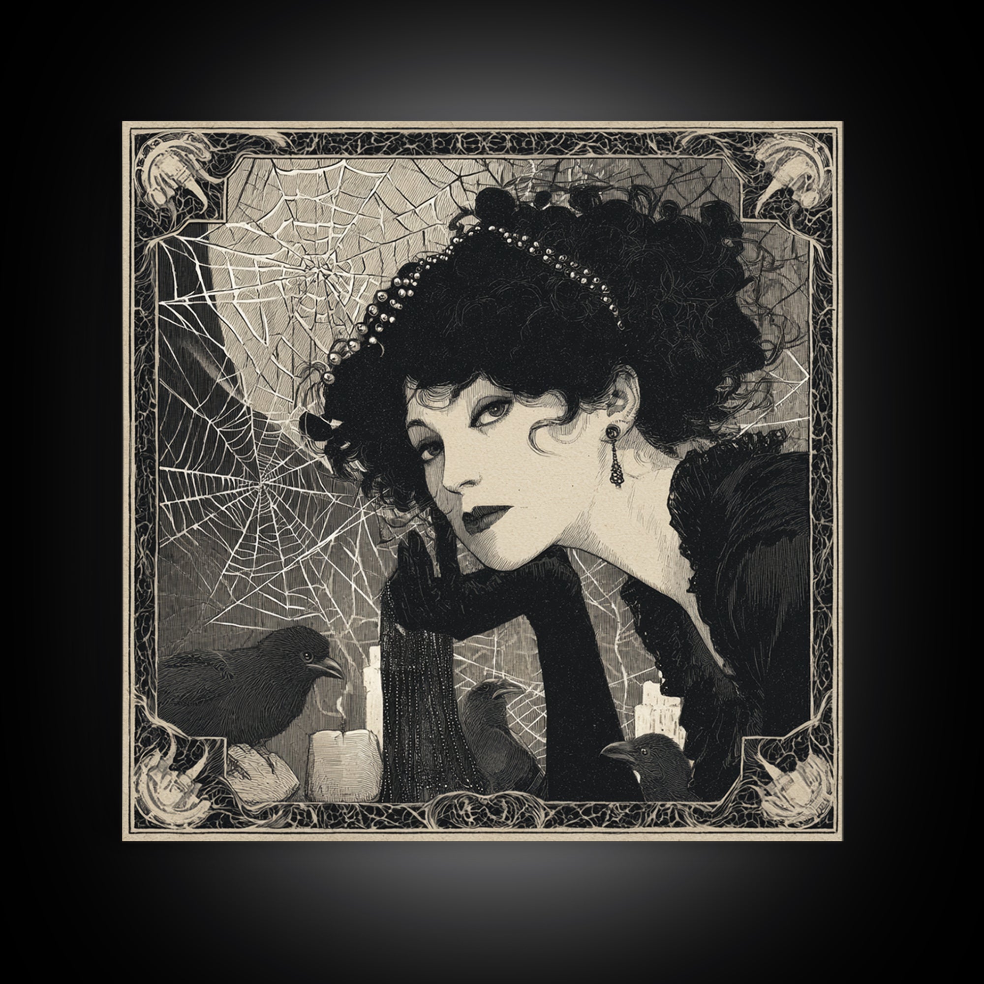 The Spiderweb Crown, Decadent Line Art, Square Wall Art, Gothic Horror Wall Art, Canvas Print, Halloween Wall Art